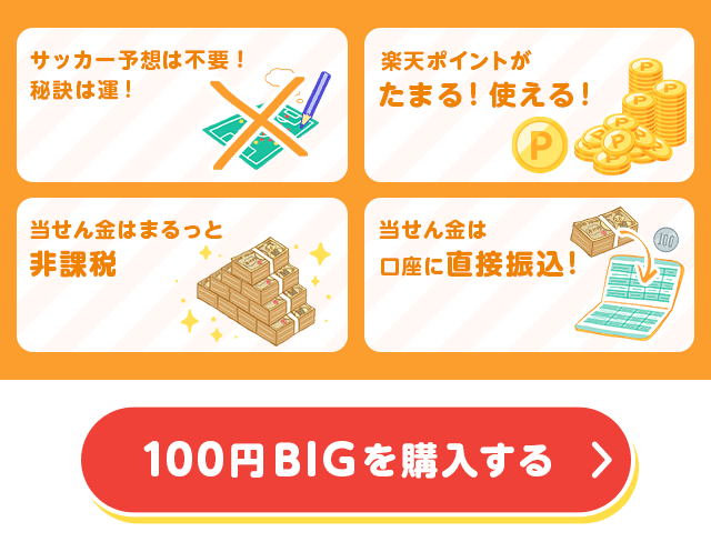 サッカー予想は不要！秘訣は運！ 楽天ポイントがたまる！使える！ 当せん金はまるっと非課税 当せん金は口座に直接振込！ 100円BIGを購入する